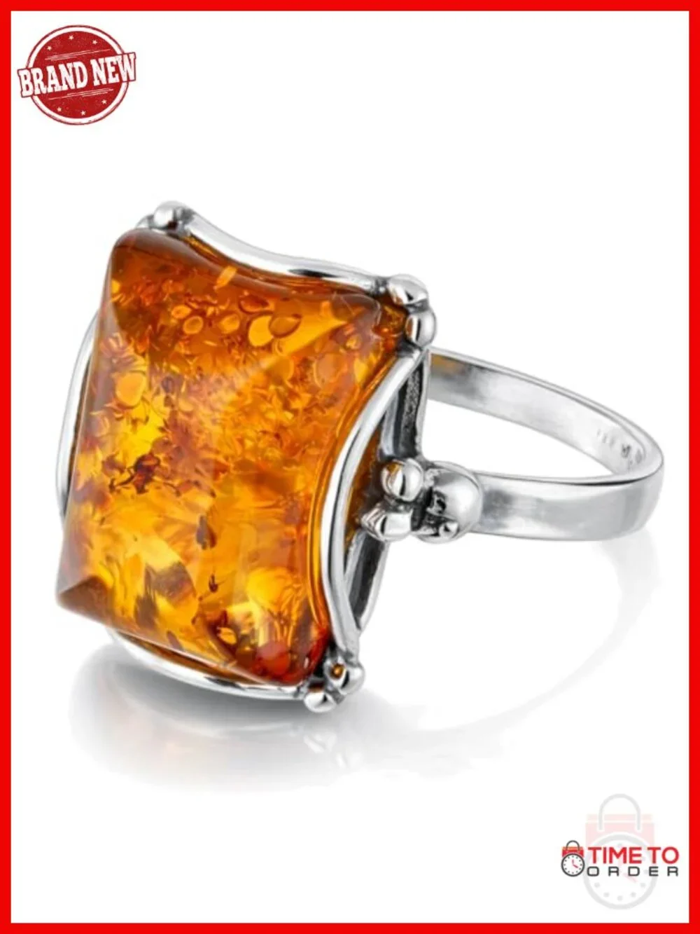 Sterling Silver & Real Baltic Amber Rectangle Ring